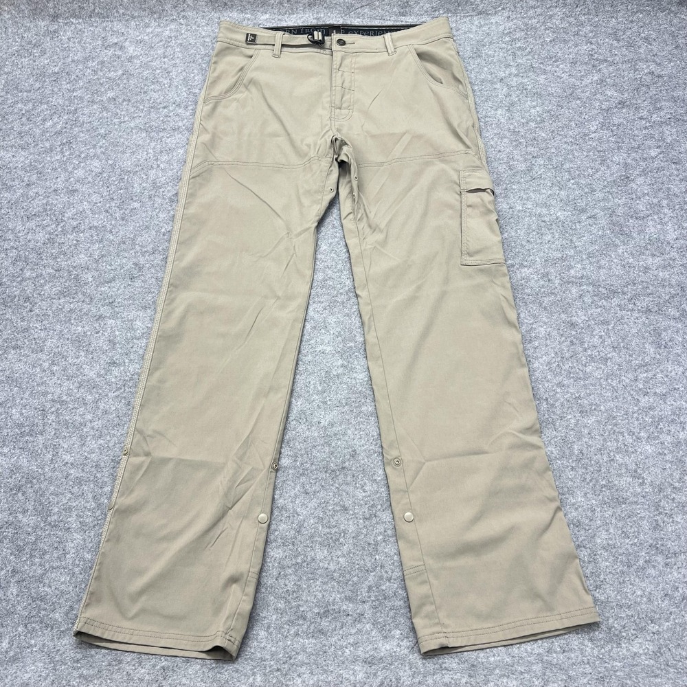 PrAna Zion Pants Mens 34x32 Beige Nylon Stretch Hiking Cargo Belted Roll Up
